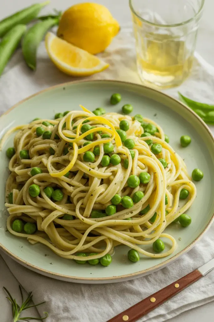 “spring pasta with peas and lemon zest, light olive oil sauce, fresh green tones, bright natural light, simple home dinner styling, professional food photography, photorealistic, no text, vertical 2:3”