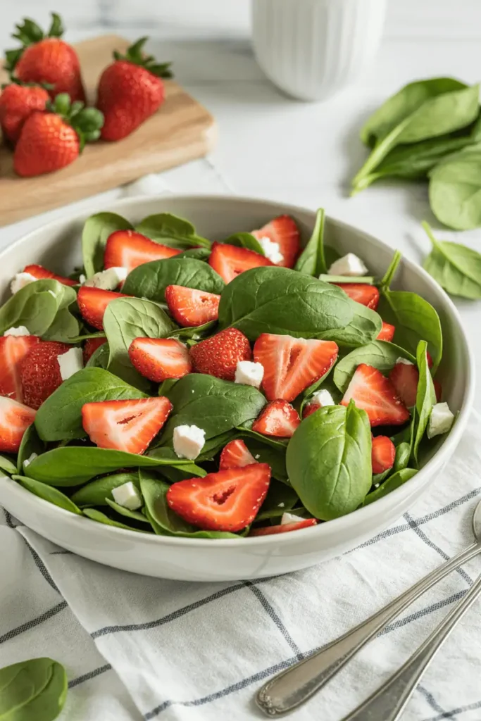 “strawberry spinach salad with feta cheese, fresh strawberries and leafy greens, light spring palette, bright natural light, clean white bowl, professional food photography, photorealistic, no text, vertical 2:3”