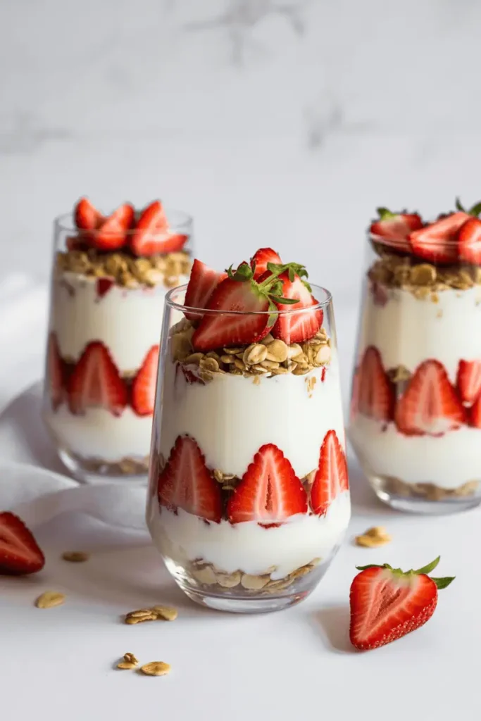 “strawberry yogurt parfaits layered in clear glasses, visible layers of yogurt fruit and granola, bright fresh lighting, clean white background, spring brunch mood, professional food photography, photorealistic, no text, vertical 2:3”