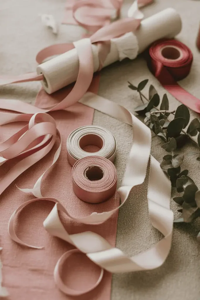 “Valentine DIY materials arranged by color, blush pink ribbon, cream fabric, muted red accents, greenery, neutral craft table, soft daylight, calm cohesive palette, realistic photography, no text, 2:3 vertical”