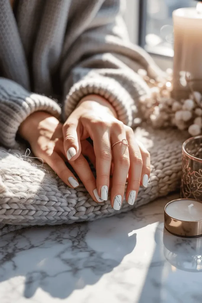 White marble nails resting on marble countertop or wool throw, soft shadows.