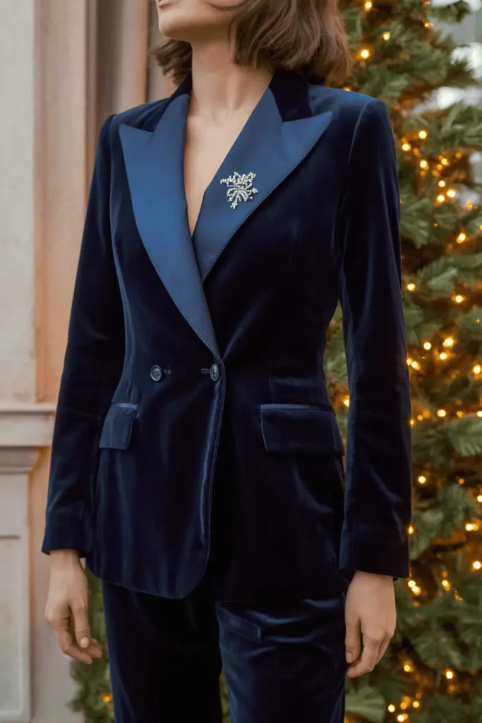 Woman wearing a navy velvet suit with a festive brooch in warm holiday light.