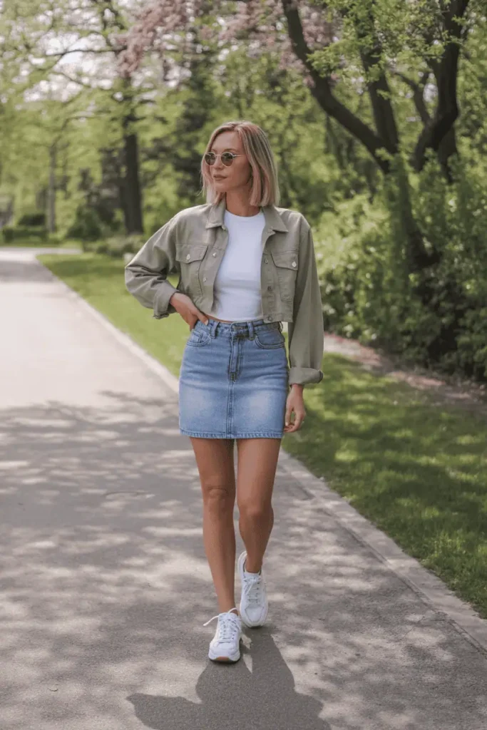 Woman wearing a denim mini skirt, white fitted tee, and a cropped utility jacket. Standing on a sunny pathway with greenery, casual everyday vibe, soft shadows, spring tones.