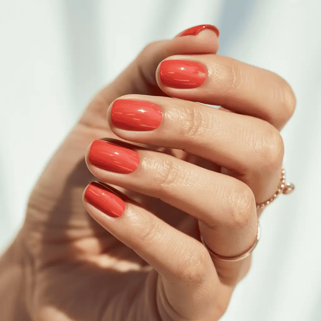 Coral Red On Short Round Nails