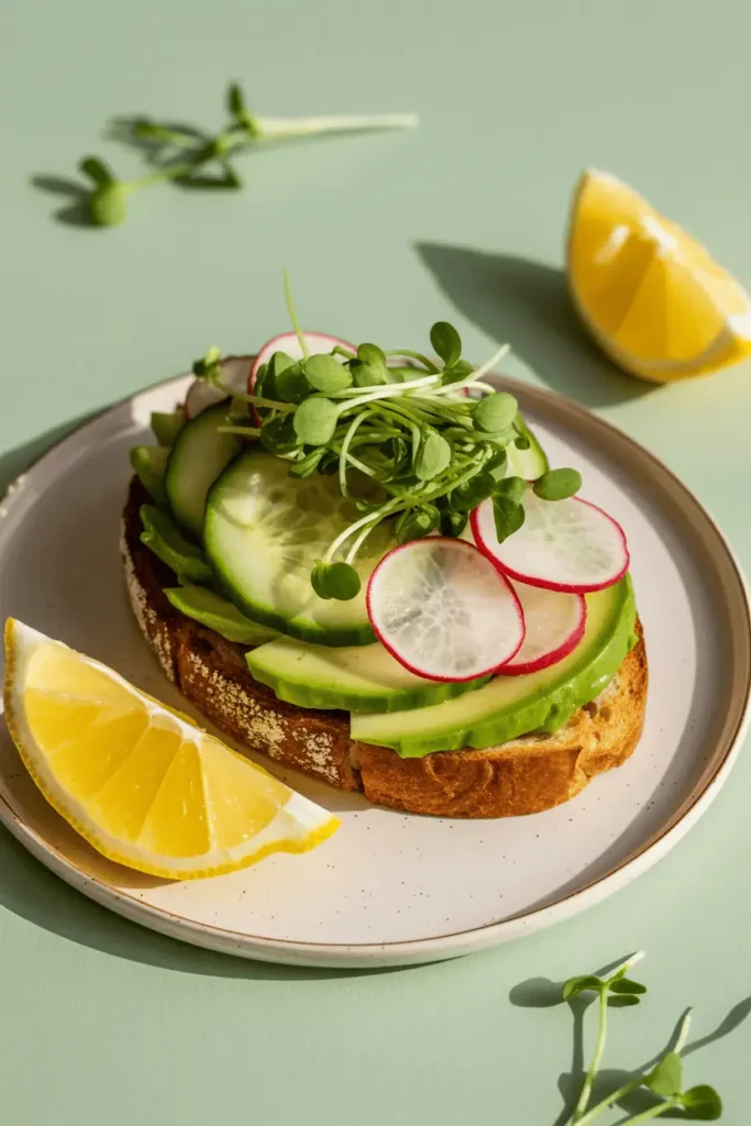 “avocado toast topped with sliced radishes, cucumber, microgreens, lemon wedges on side, fresh green tones, bright morning light, minimalist brunch styling, professional food photography, photorealistic, no text, vertical 2:3”