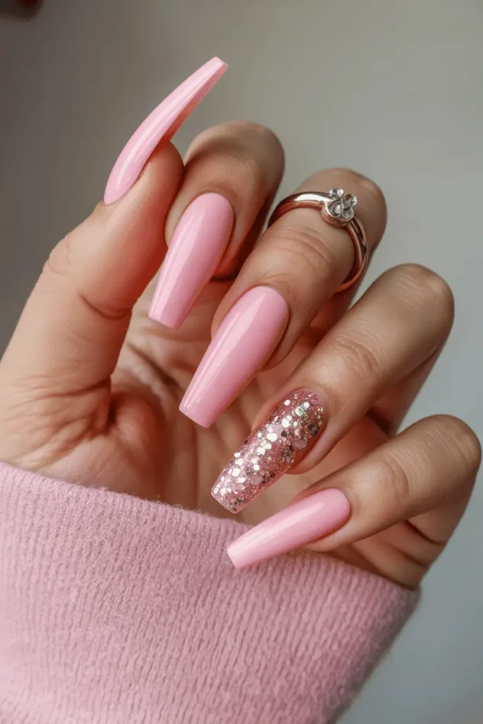 Barbie Pink Coffin Nails with Glitter