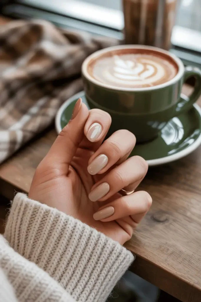 Beige-brown manicure, glossy finish, cozy coffee background.
Pinterest hero photo, warm morning light, realistic hands, soft bokeh, props: latte cup, scarf, wooden table.