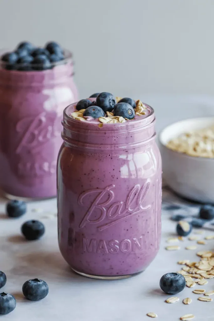 “blueberry oat smoothie in mason jar, light purple color, blueberries and oats visible, soft natural daylight, cozy healthy vibe, professional food photography, photorealistic, no text, vertical 2:3”