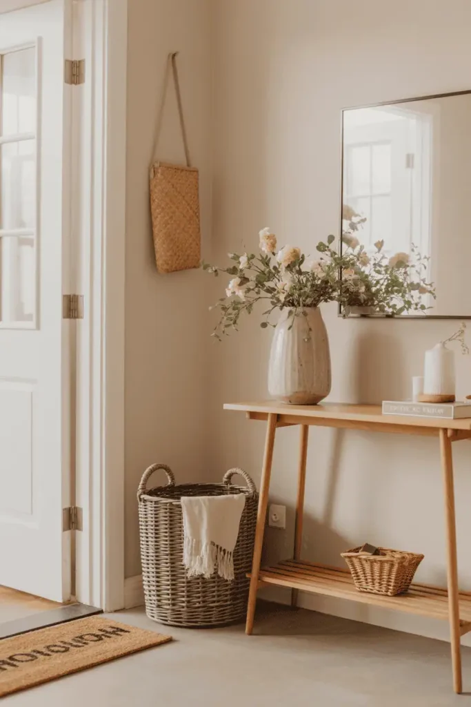 “bright entryway with simple spring decor, woven basket, fresh flowers in vase, clean modern console table, spring doormat, soft natural lighting, minimal but warm styling, realistic home interior photo, no text, 2:3 vertical”