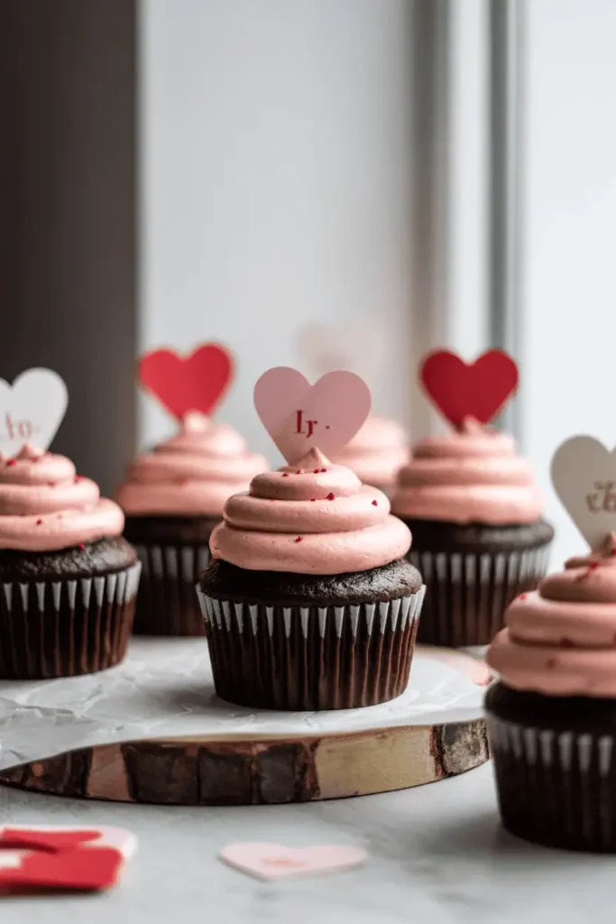 “chocolate cupcakes topped with pale pink strawberry frosting, subtle texture, minimal valentine decor, natural window light, home-baked appearance, photorealistic, no text, vertical 2:3”
