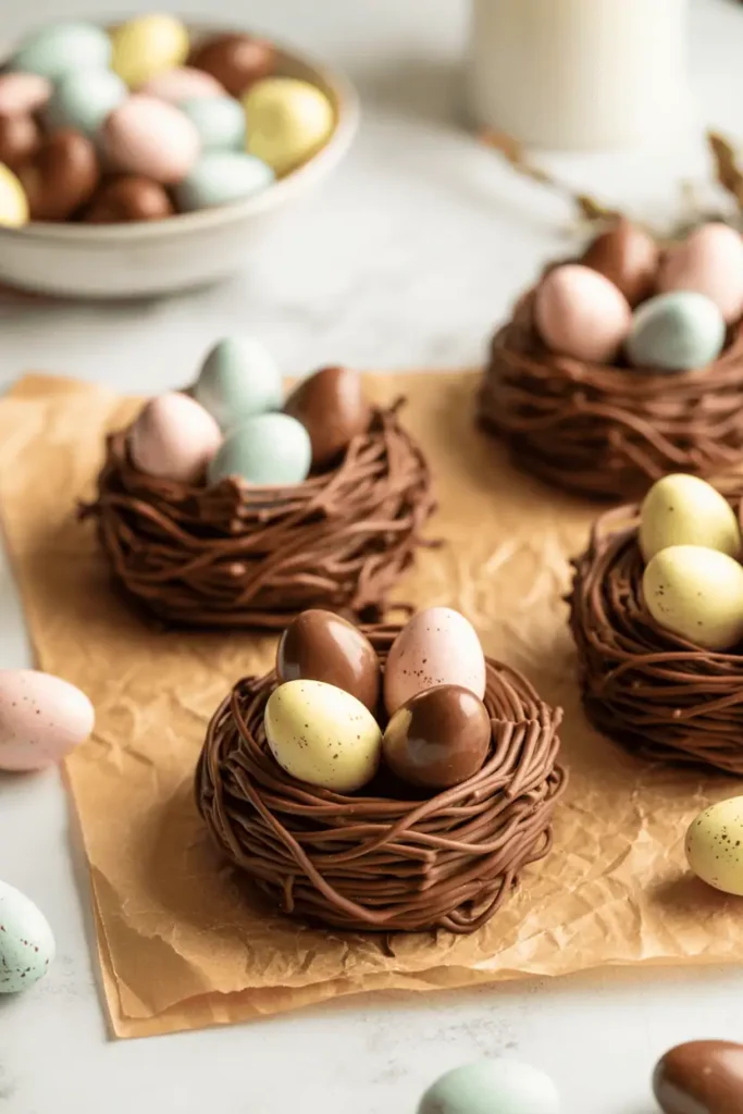 “chocolate nest treats with mini chocolate eggs on parchment paper, rustic homemade look, soft pastel easter colors, bright natural light, professional food photography, photorealistic, no text, vertical 2:3”