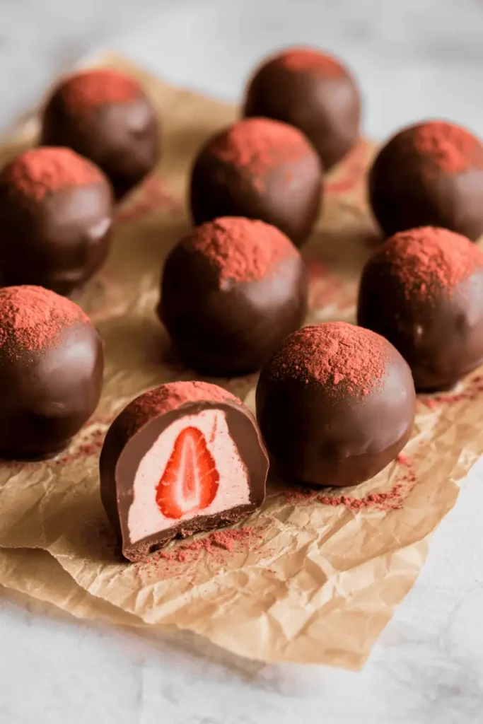 “chocolate truffles with strawberry filling, one truffle cut open showing pink interior, dusted with strawberry powder, arranged on parchment paper, soft natural light, elegant Valentine aesthetic, professional food photography, no text, 2:3 vertical”