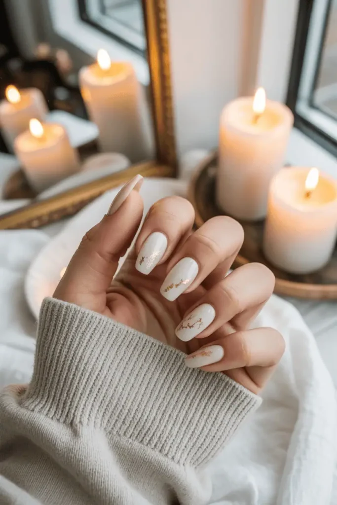 Cream nails with delicate gold foil accents, elegant winter aesthetic.