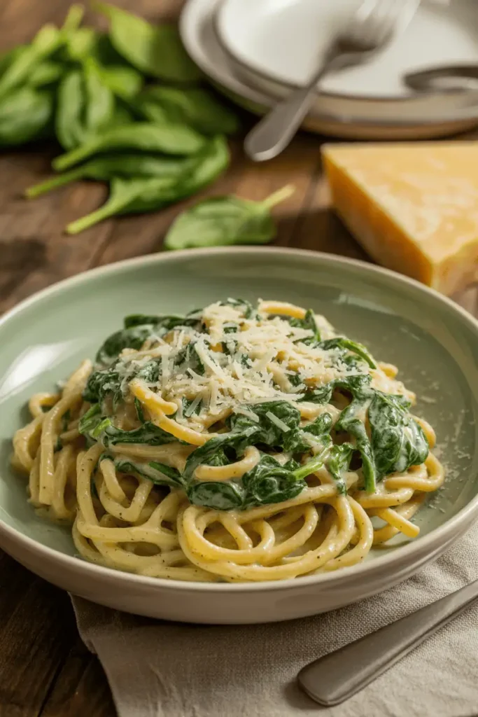 “creamy spinach pasta with wilted spinach and parmesan, light cream sauce, warm spring evening light, clean bowl presentation, professional food photography, photorealistic, no text, vertical 2:3”