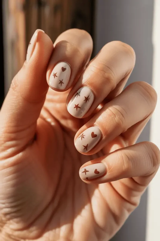 cute country nail art, soft neutral nails with tiny hearts and stars, creamy beige and blush tones, playful western vibe, warm natural light, rustic background, editorial nail photography, pinterest vertical 2:3 ratio, no text
