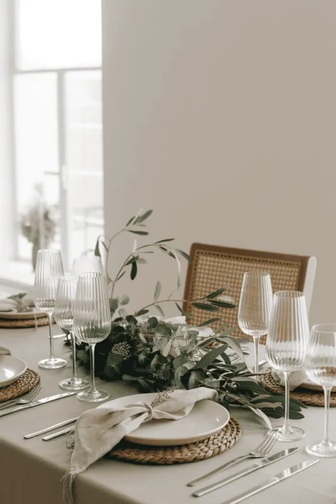 “early spring Easter table with eucalyptus and olive branches, low greenery centerpiece, minimal floral elements, neutral table linens, soft daylight, understated seasonal styling, realistic interior photography, no text, 2:3 vertical”