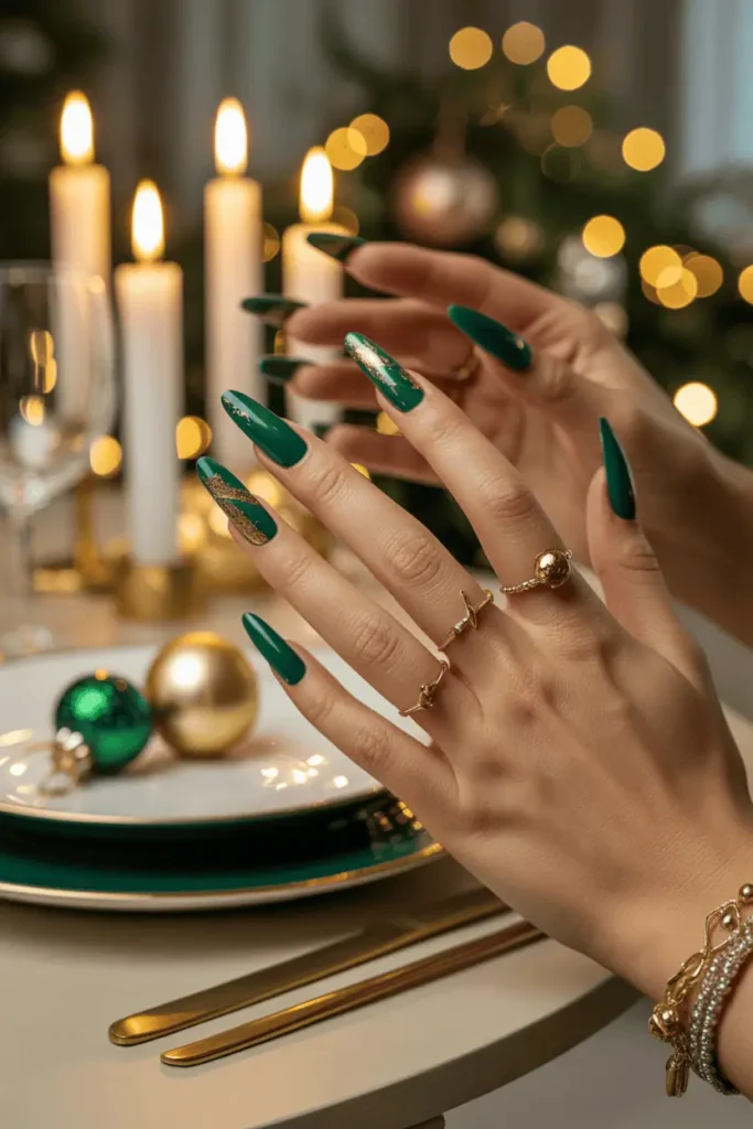 Emerald green nails with gold foil accents, sophisticated dinner setting, warm candlelight and ornaments.