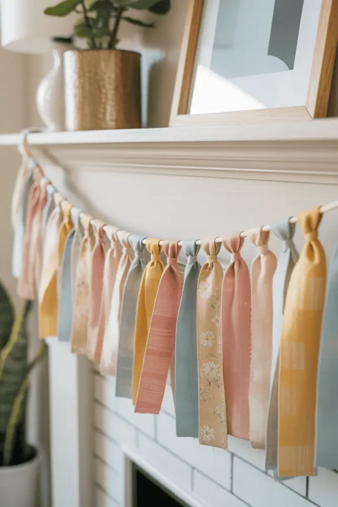 “fabric scrap garland made from tied fabric strips in pastel and neutral tones, hanging on a mantel or shelf, cozy spring home interior, soft daylight, handmade relaxed feel, realistic photography, no text, 2:3 vertical”