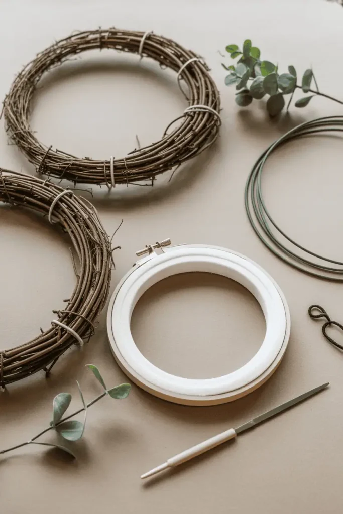 “flat lay of different wreath bases for beginners, grapevine wreath, wire wreath frame, foam wreath form, embroidery hoop, neutral surface, soft natural lighting, clean organized look, realistic photography, no text, 2:3 vertical”