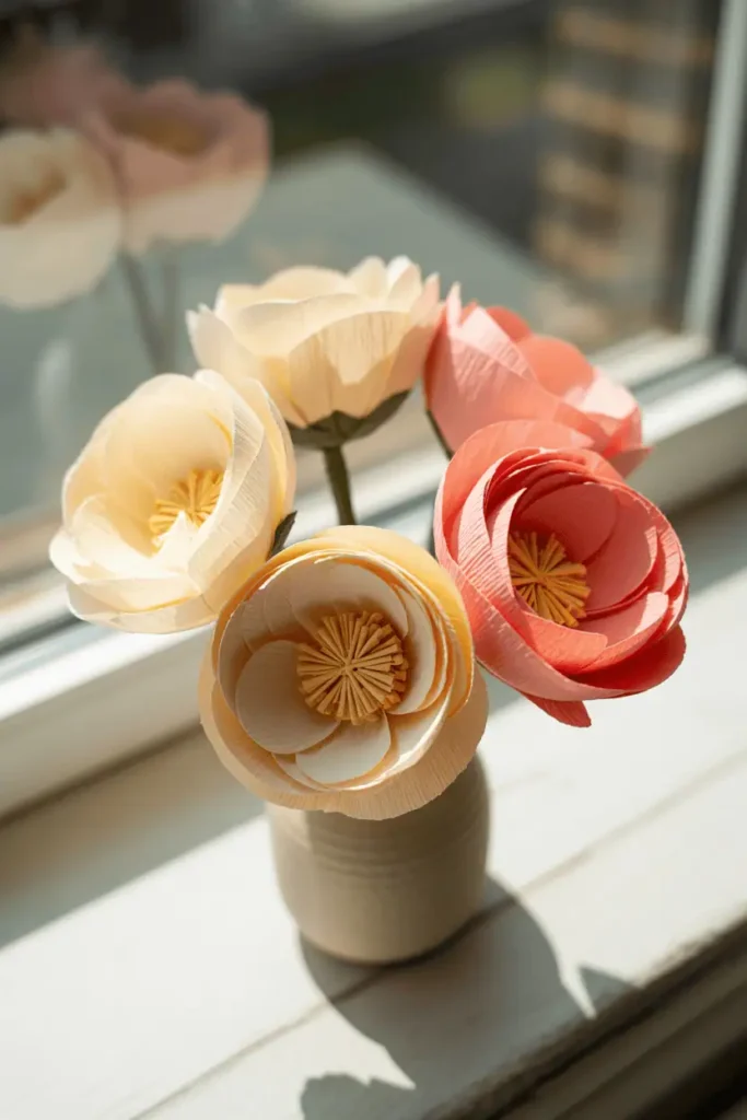 Handmade paper flowers created from crepe paper and cardstock in soft spring colors, arranged in a simple vase on a windowsill. The paper texture is visible showing they're crafted, not real. Soft natural light from behind creates a delicate, artistic composition. Warm and creative styling.