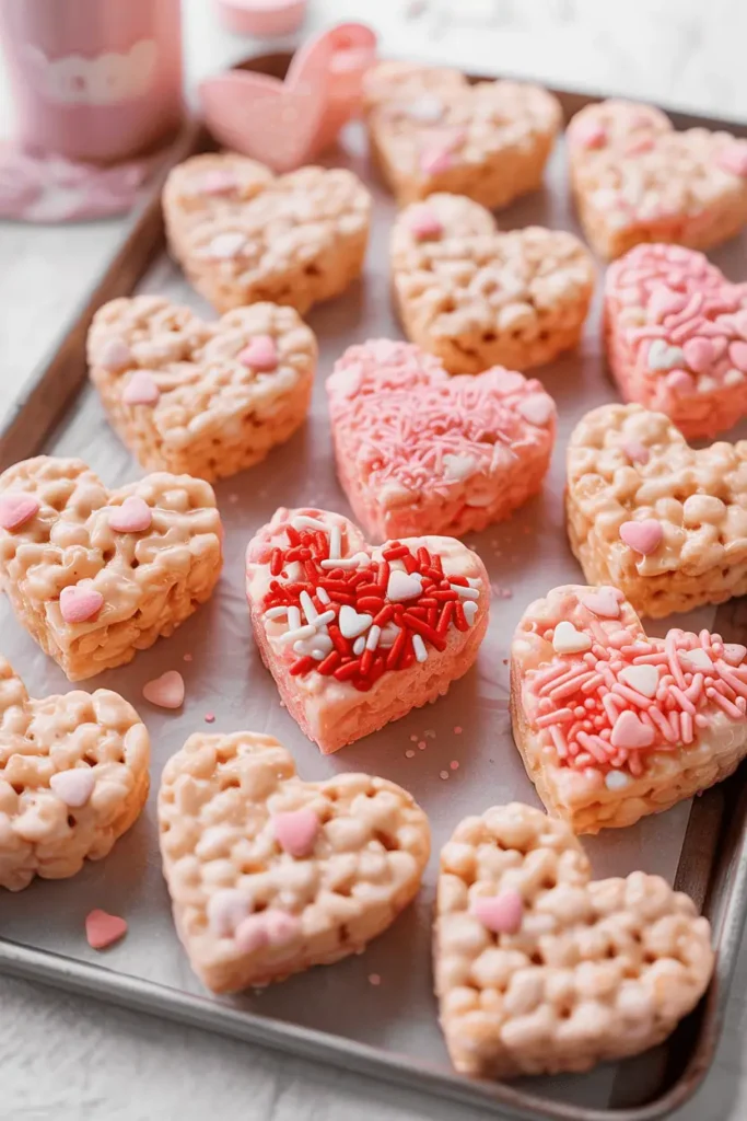 “heart-shaped rice krispie treats arranged on a tray, soft pink tones, simple Valentine sprinkles, homemade look, bright daylight, kid-friendly dessert styling, professional food photography, no text, vertical 2:3”
