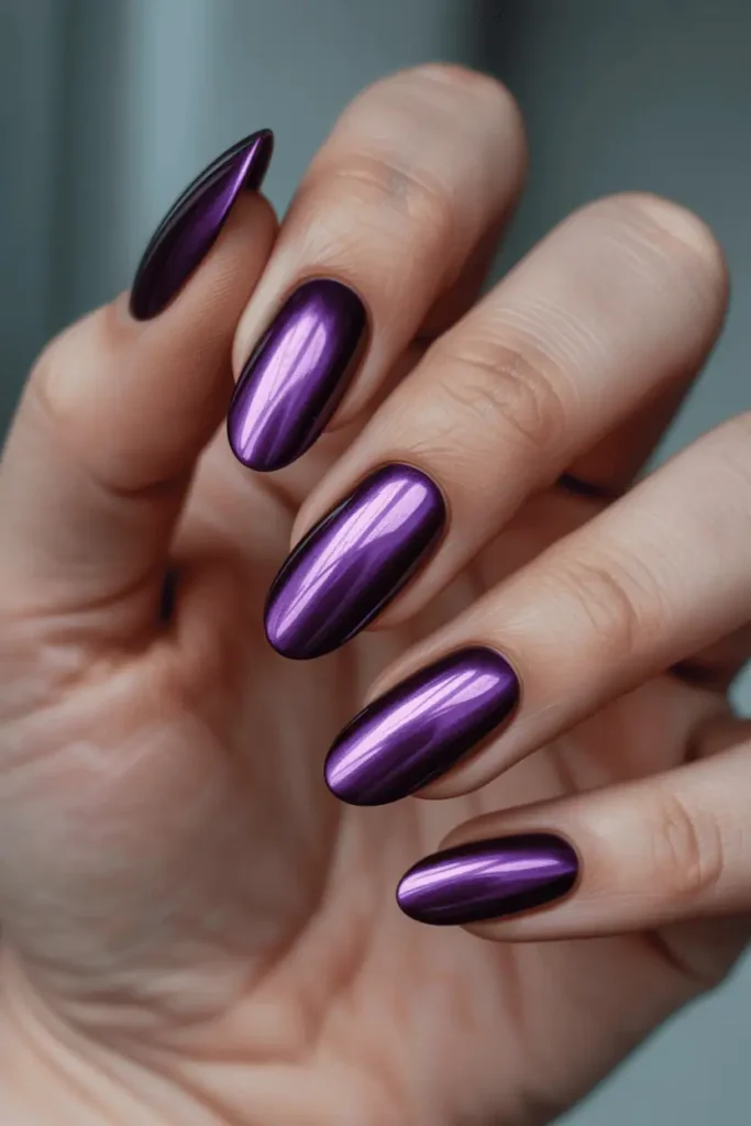 Purple Chrome on Long Oval Nails