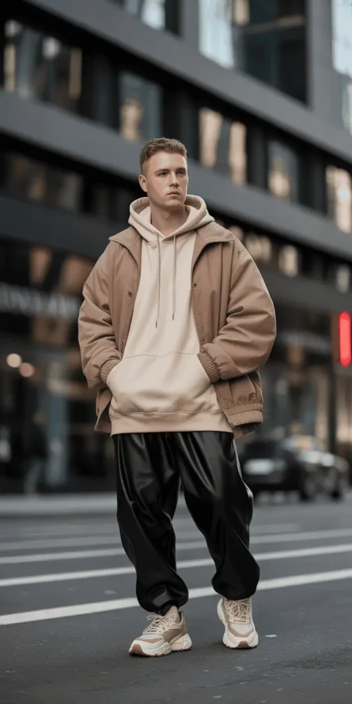 Streetwear Luxe: Oversized Hoodie + Leather Pants + Sneakers