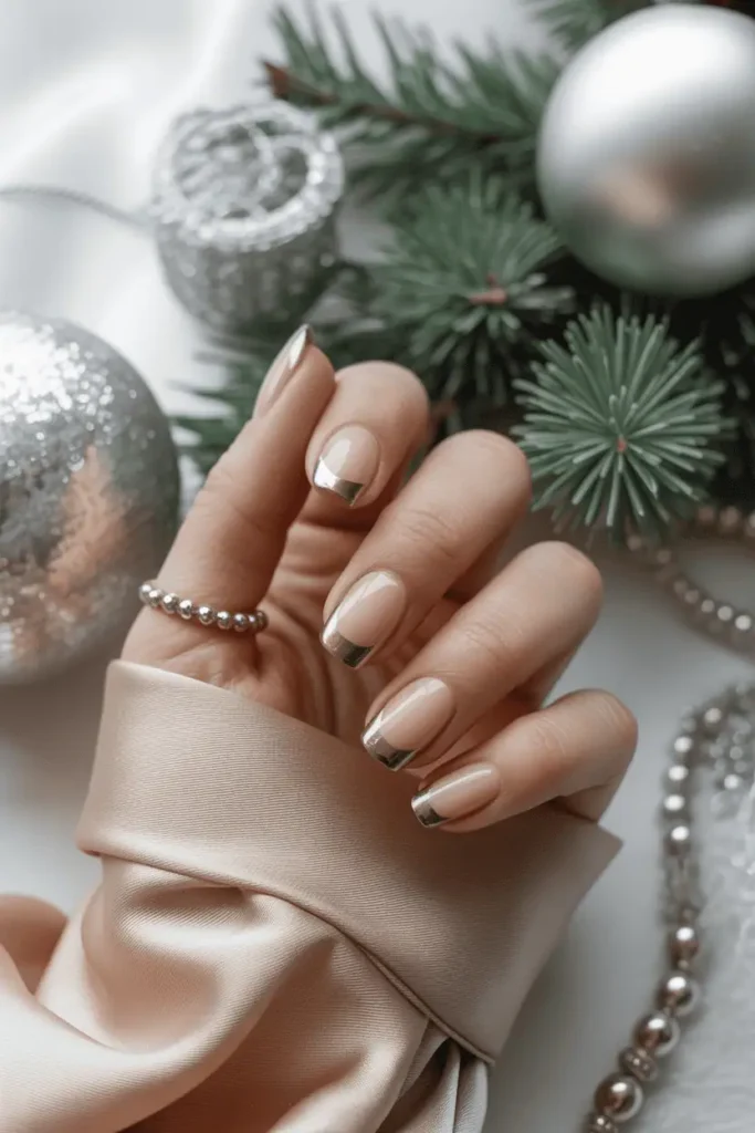 Neutral nails with metallic silver tips, holiday background, soft light.