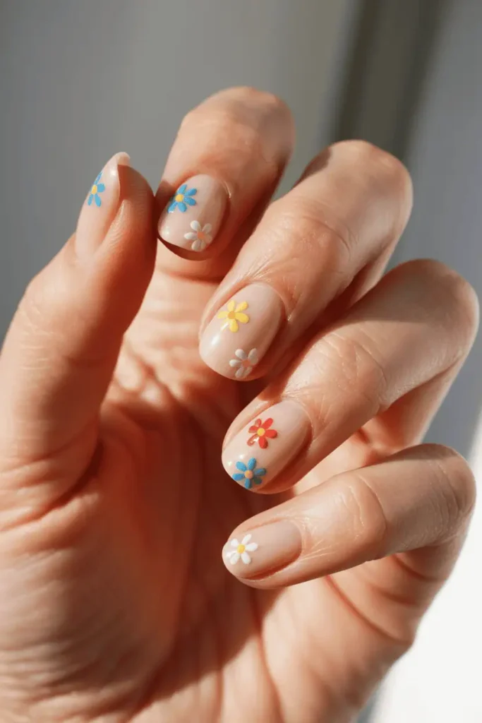 nude nails with floral nail stickers, simple spring nail design, clean nude base, small colorful flowers, glossy finish, natural daylight, realistic nail photography, neutral background, pinterest vertical 2:3 ratio, no text
