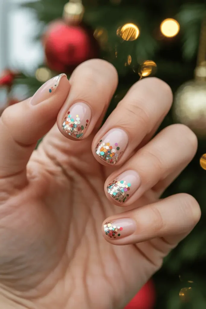 nude or clear nails with rainbow holiday confetti glitter, fun party look, vibrant colors, cozy Christmas party background, warm light, realistic hands