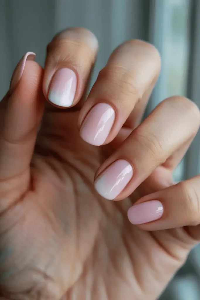 pink aura nails with soft blush center fading outward, semi-translucent edges, gentle diffused lighting, dreamy romantic background, realistic hands