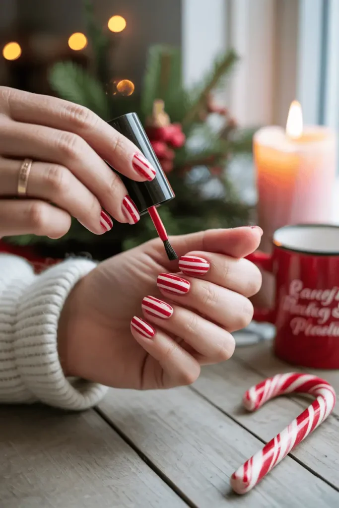 Red and white candy cane stripe nail design, simple at-home manicure setup, cozy Christmas background, soft warm light, hands holding nail polish brush, realistic nails.
Pinterest hero photo, cozy home aesthetic, soft bokeh, candlelight, props: candy canes, mug, sweater.