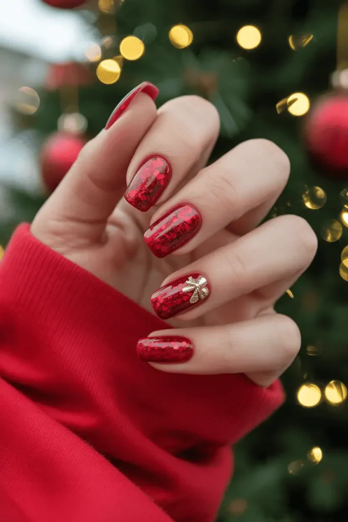 ruby glitter nails with gold accents, Santa-inspired red tones, warm glowing Christmas lights background, cozy atmosphere, realistic hands