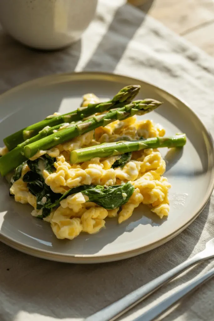 “scrambled eggs with spring vegetables like spinach and asparagus, light fluffy texture, ceramic plate, bright natural light, simple home breakfast style, photorealistic, no text, vertical 2:3”
