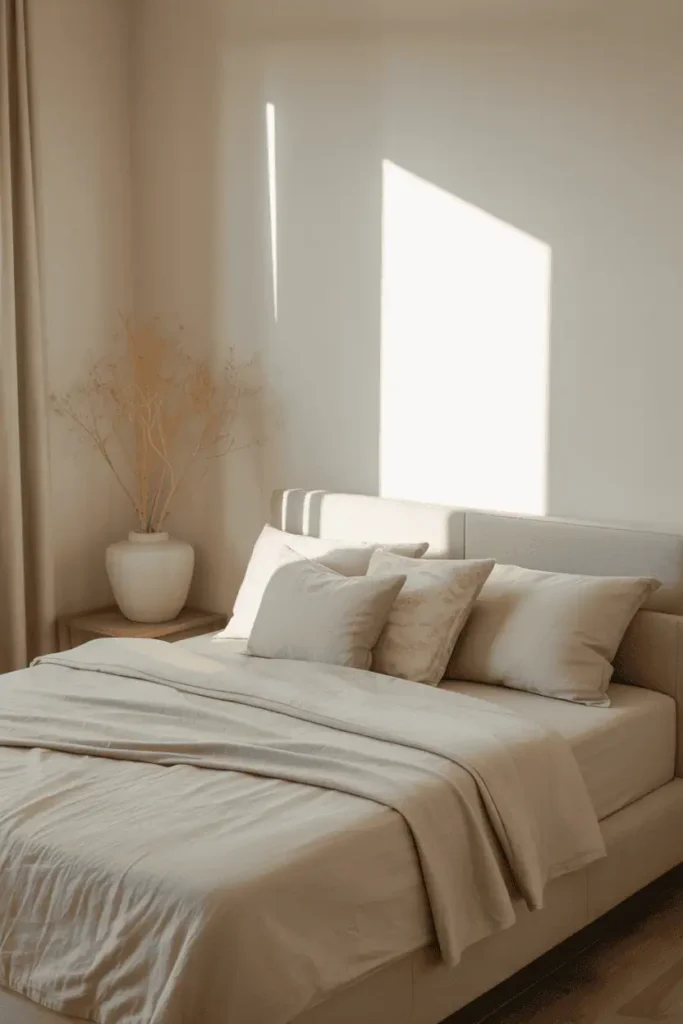 “serene spring bedroom scene with soft morning light, neutral bedding, minimal decor, calm and peaceful atmosphere, uncluttered surfaces, airy feeling, warm natural tones, editorial interior photography, no text, 2:3 vertical”