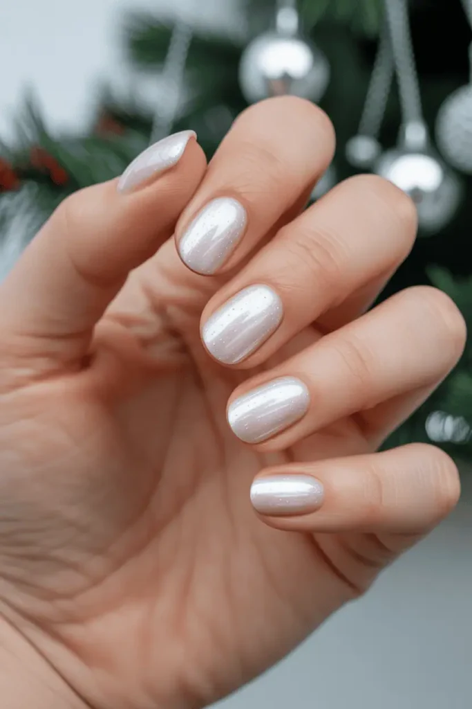 snowy white nails with glossy or pearlescent finish, soft frosted look, minimal clean background with holiday sparkle, natural lighting, realistic hands
