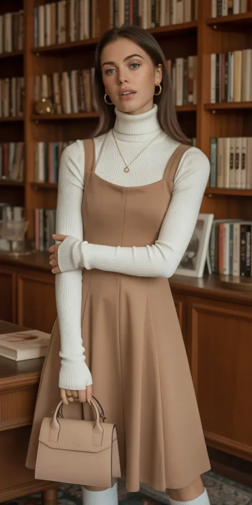 Ivory Turtleneck Under Camel Pinafore Dress
