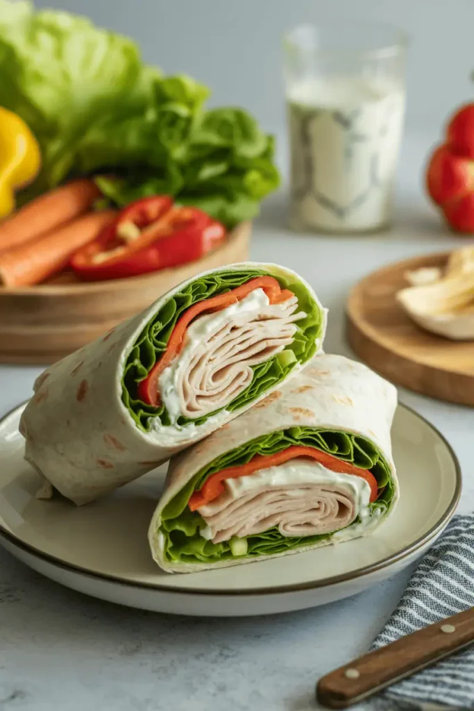 “turkey and veggie wraps sliced in half on plate, visible lettuce peppers and yogurt spread, fresh colorful ingredients, clean lunch setup, natural daylight, professional food photography, photorealistic, no text, vertical 2:3”
