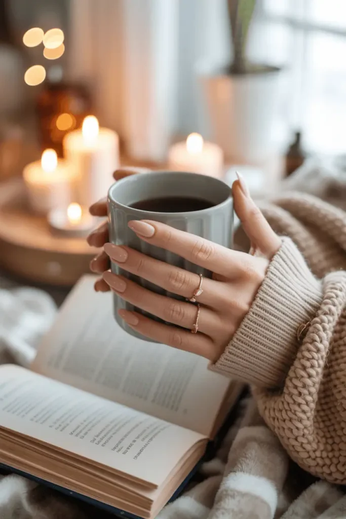 Warm nude nails holding a book or coffee mug, cozy indoor light.