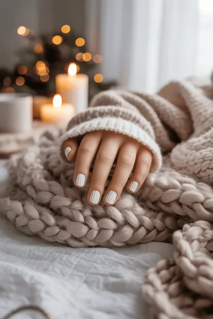 White textured “sweater” nails on child’s hands resting on knit blanket or fuzzy scarf.