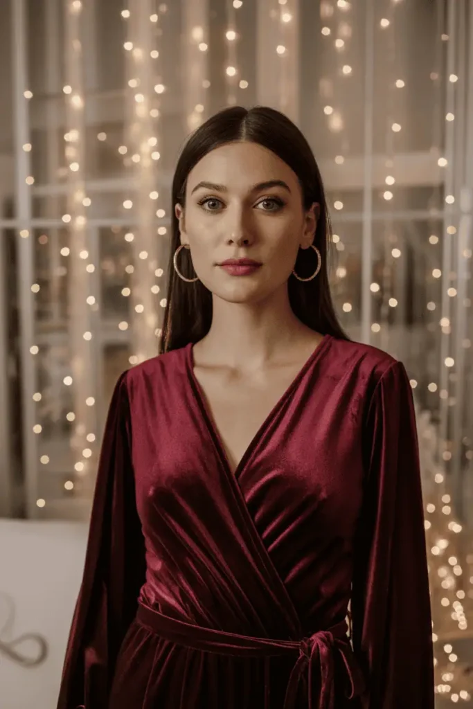 Woman wearing a burgundy velvet wrap dress in a soft festive environment.