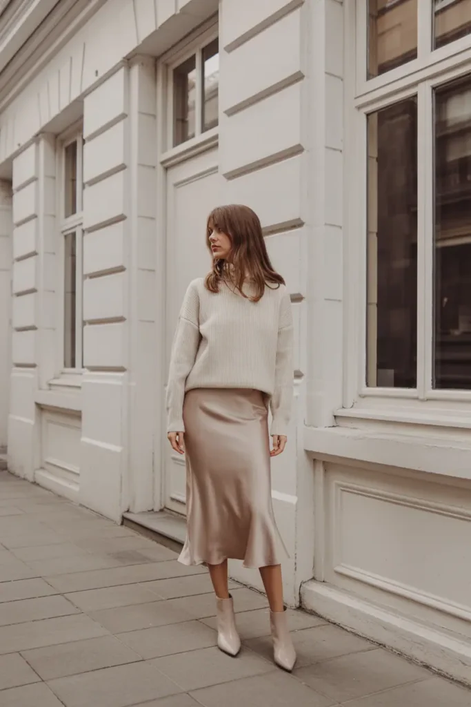 Woman wearing a champagne satin midi skirt with a cream fitted knit sweater. Standing outdoors near white stone buildings or indoors near a window with natural light. Neutral elegant palette, soft shadows.