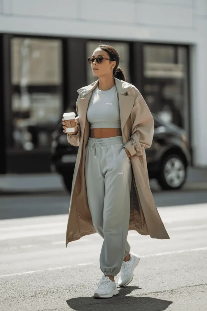 Woman wearing a matching light sage athleisure set with a lightweight beige trench coat draped over shoulders. Walking with coffee cup in hand, bright daylight, lifestyle fashion shot.