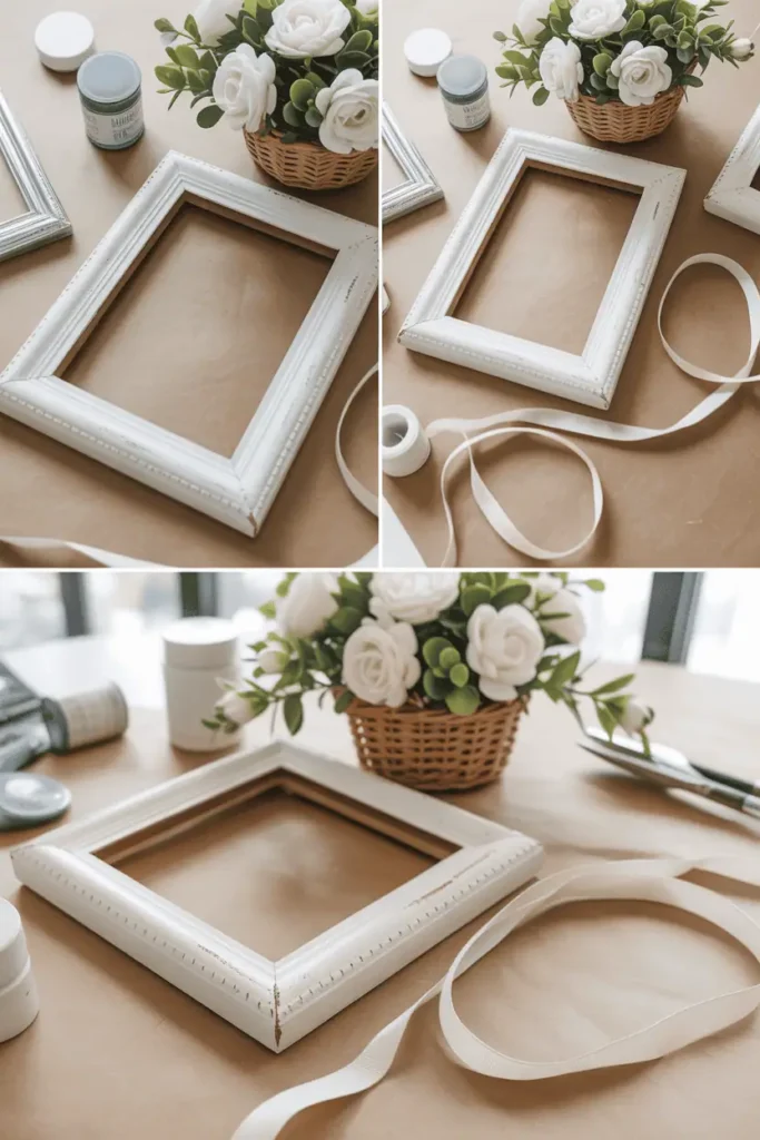 A before-and-after comparison showing plain dollar store items (wooden frame, small basket, faux flowers) on the left, and the same items transformed with paint, ribbon, and creative styling on the right. Styled on a craft table with supplies visible. Bright natural light, practical and budget-friendly aesthetic.