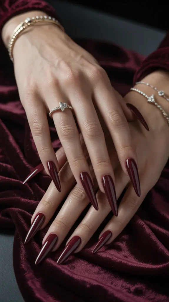 Mahogany Red On Long Coffin Nails