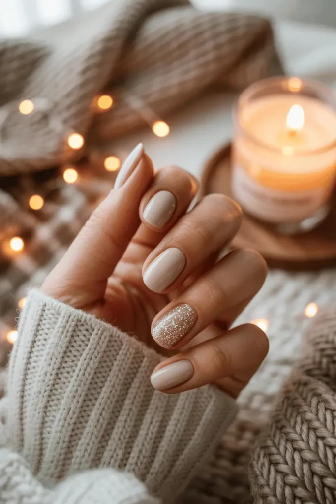 Beige nails with fine glitter at base, warm light, neutral backdrop.