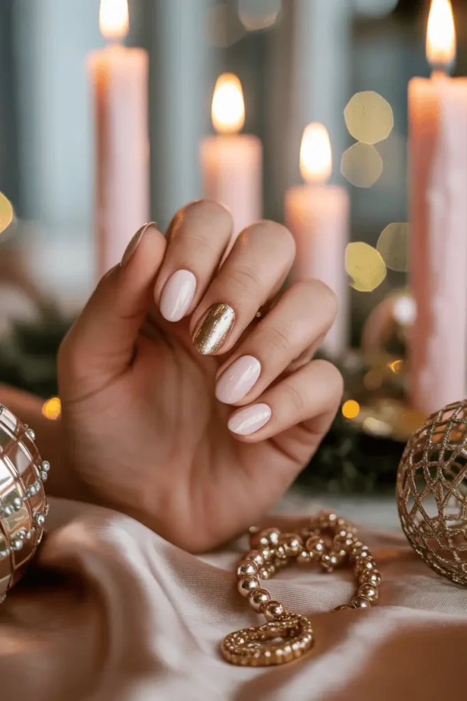Beige nails with one gold metallic accent nail, elegant setup, candlelight.