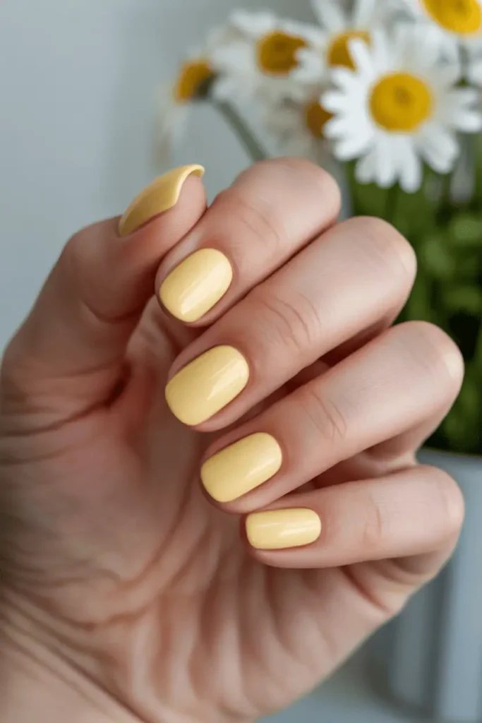 butter yellow pastel nails, smooth glossy finish, realistic hands, soft bright spring lighting, gentle daisy props blurred in background, fresh minimal look