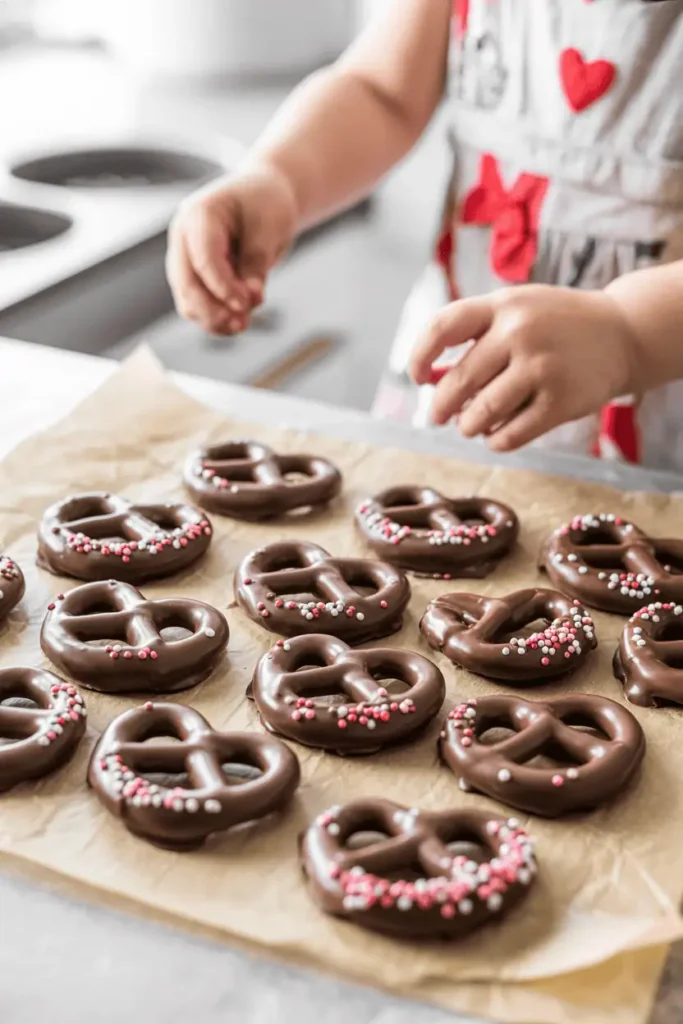 “chocolate-dipped pretzels with Valentine sprinkles on parchment paper, glossy chocolate coating, small hands decorating in background, bright natural light, fun kitchen atmosphere, professional food photography, no text, vertical 2:3”