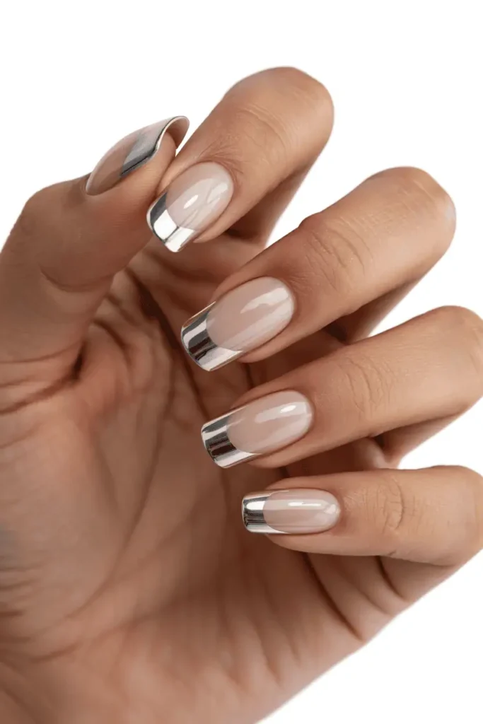 Chrome Tips on Clear Nails